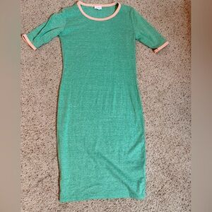 LuLaRoe Julia Bodycon dress in green with peach trim